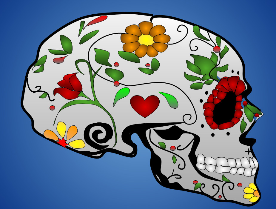 Digital drawing of skull decorated with flowers