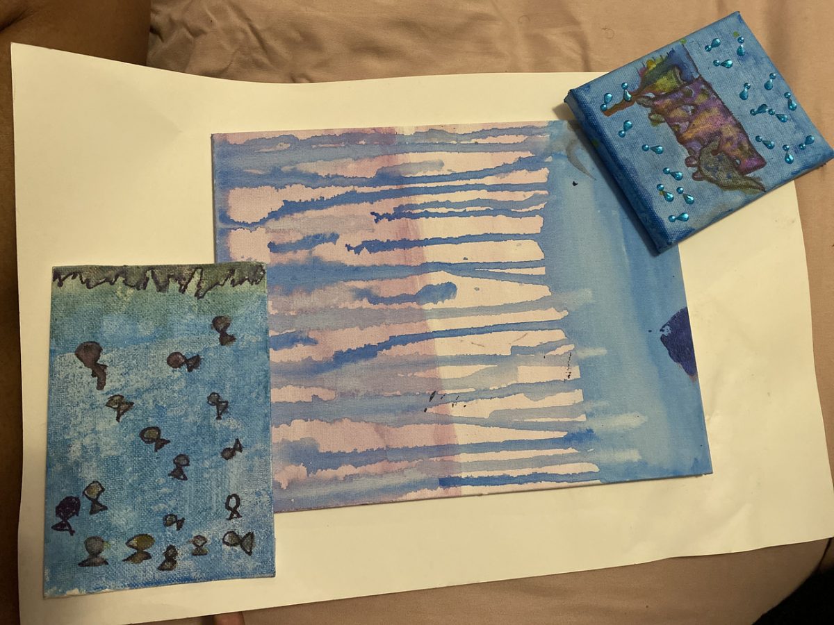 A three part painting of blues and purples.