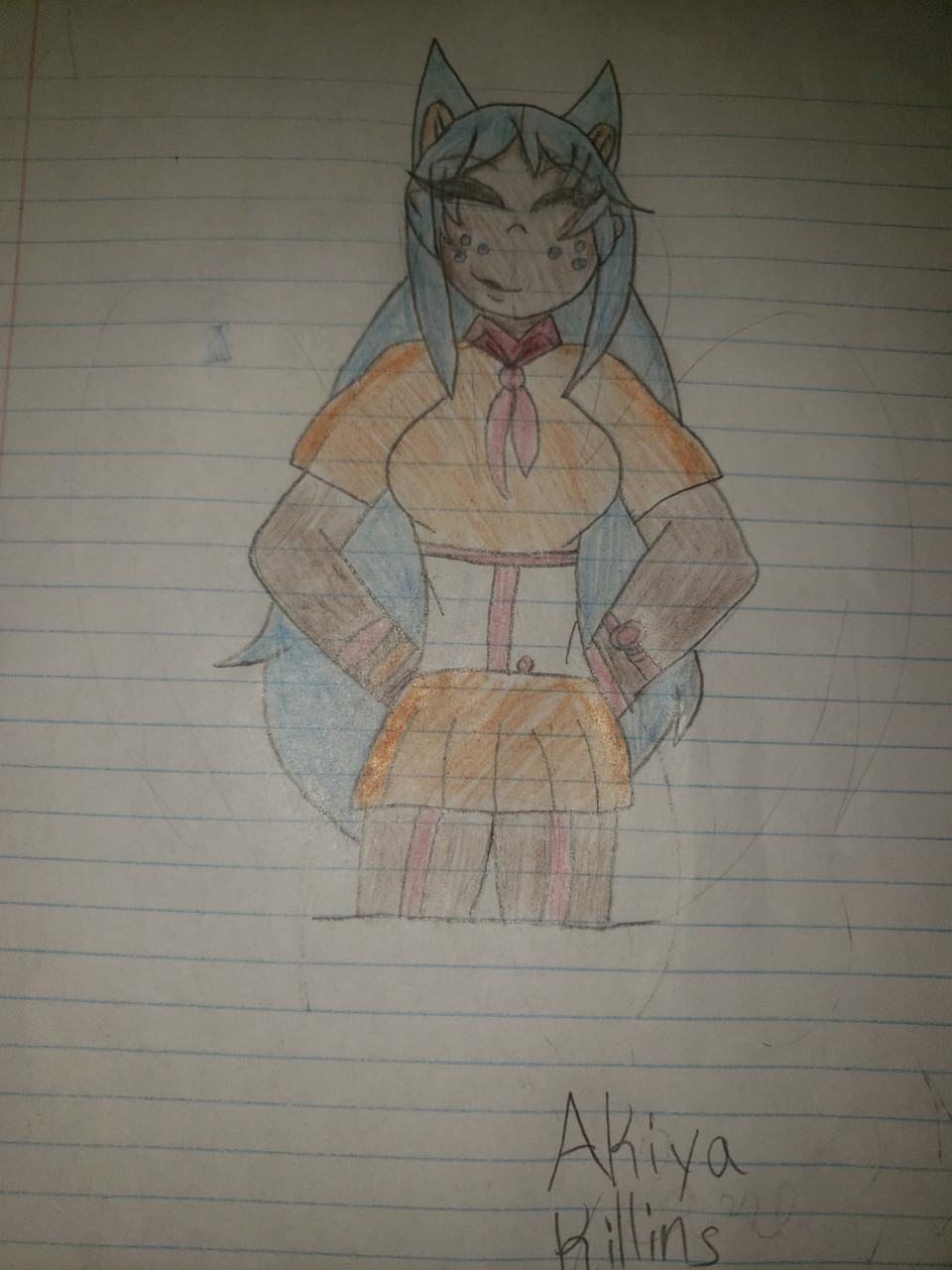 Drawing of a woman with blue hair wearing a yellow dress with her hands on her hips.
