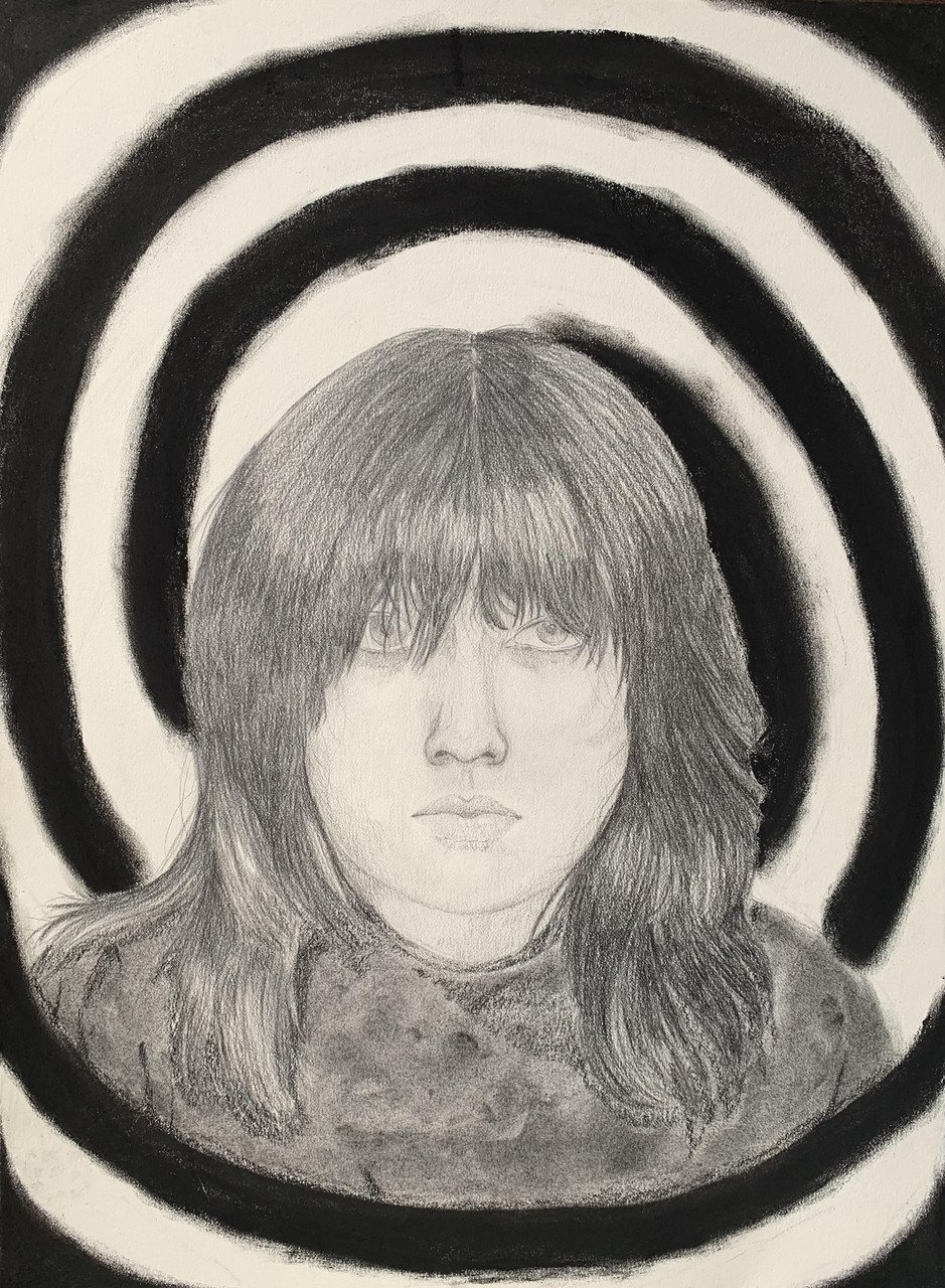 Black and white self portrait with a black swirl in the background