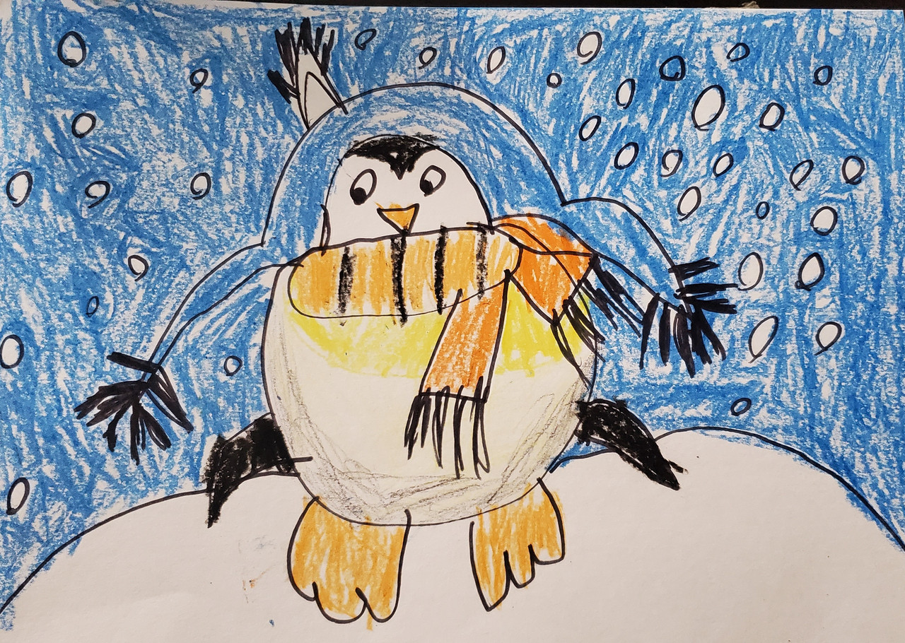 Crayon drawing of a penguin on a blue background