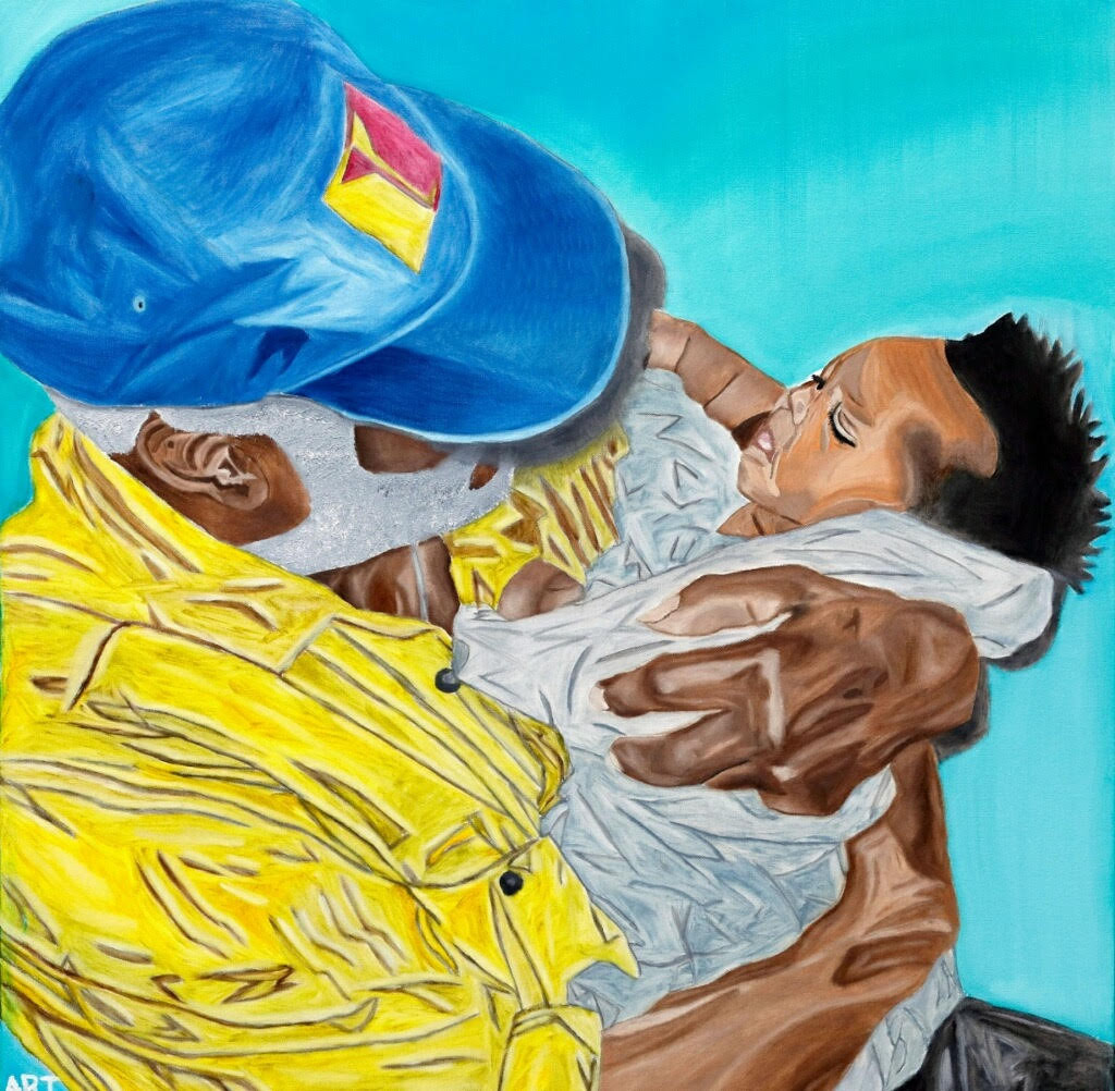 A painting of a man in a yellow jacket and blue hat holding a baby