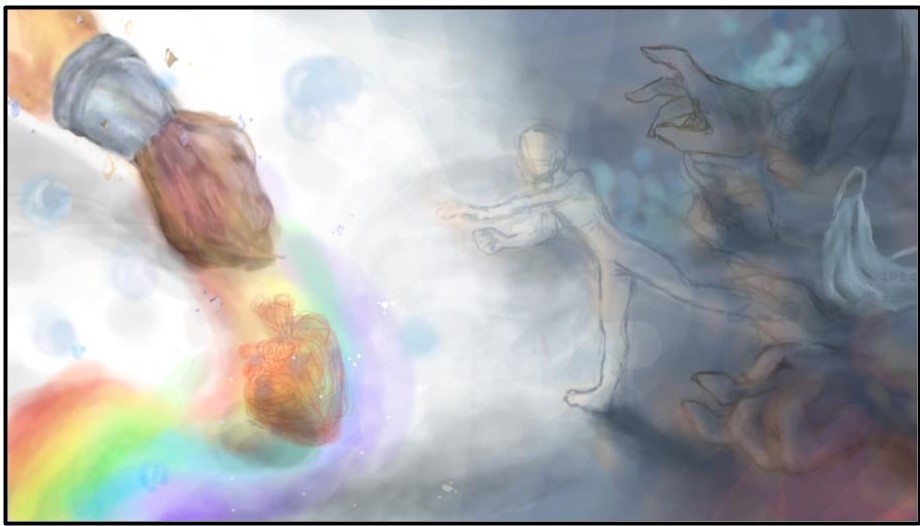 A cloudy image with a paintbrush painting a rainbow