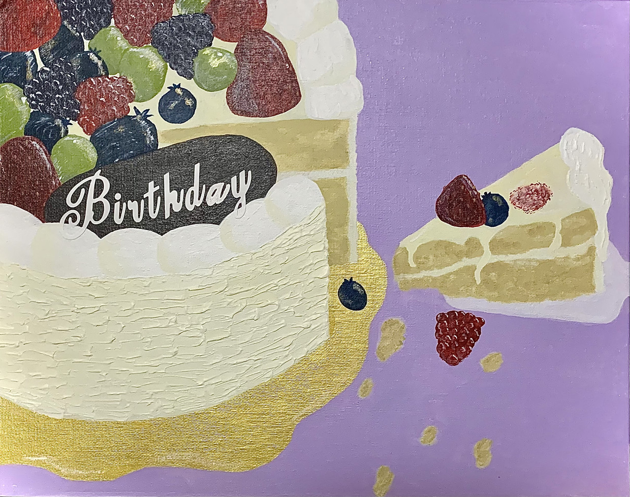 Painting of a cake with fruit on top and a slice cut out