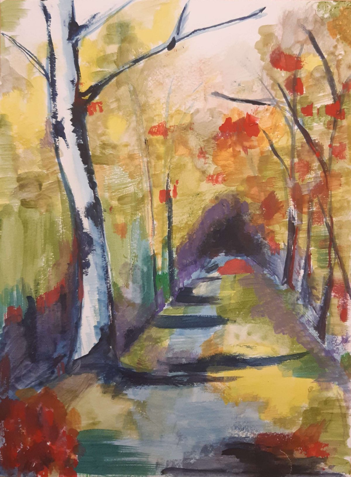 Painting of birch trees on a lane in the fall.