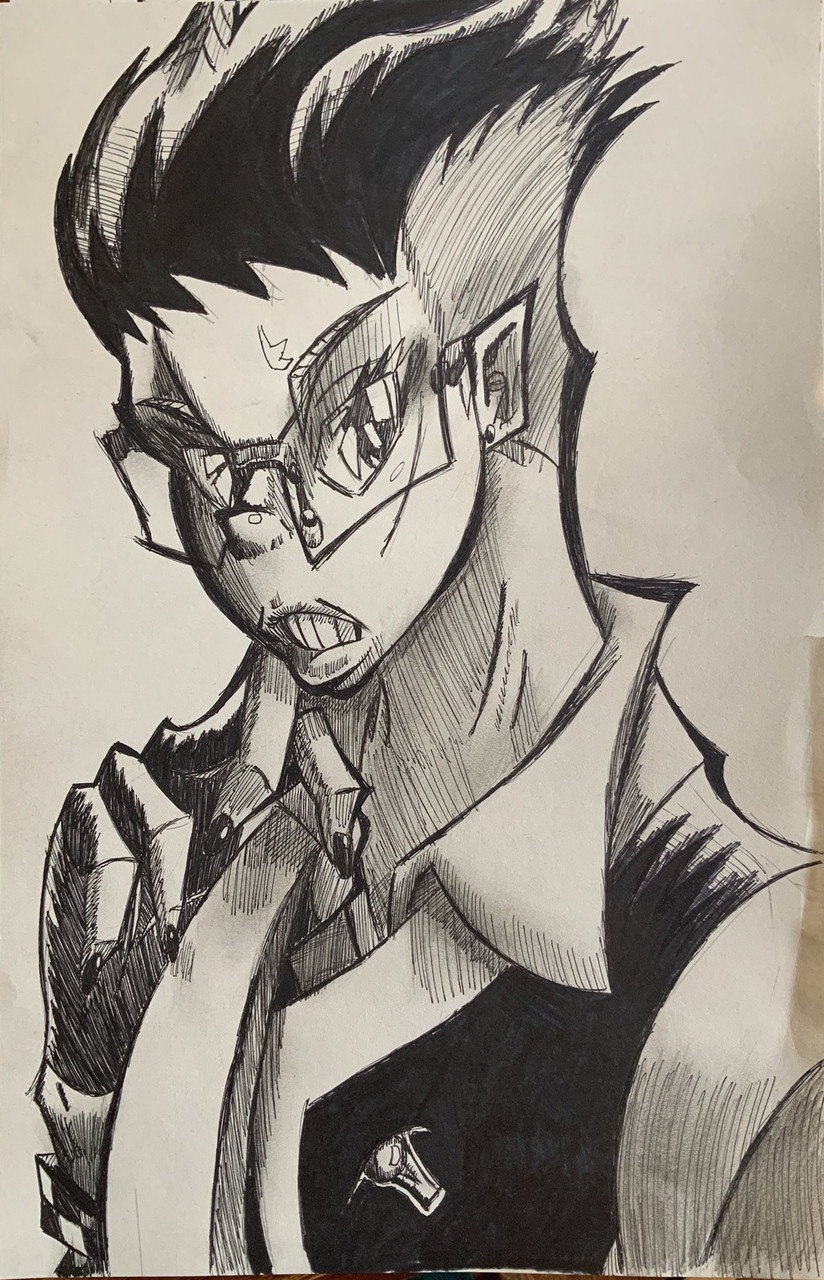 Black and white portrait of a character with glasses and black hair
