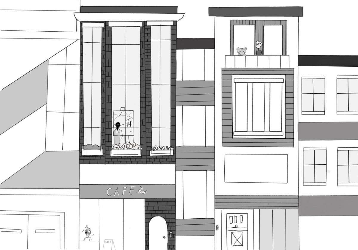 A black and white drawing of the front of buildings