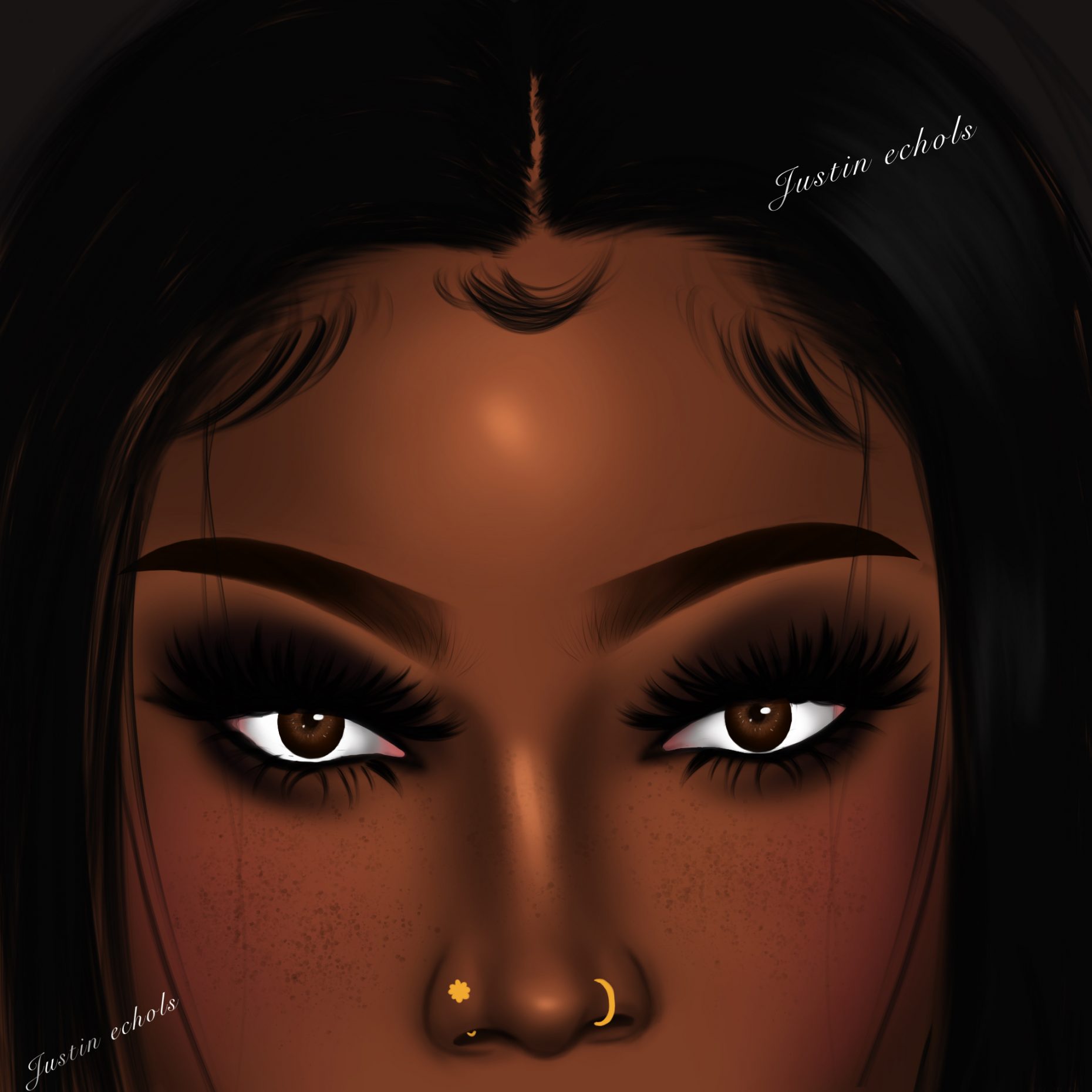 digital portrait of person with dark hair and multiple nose piercings