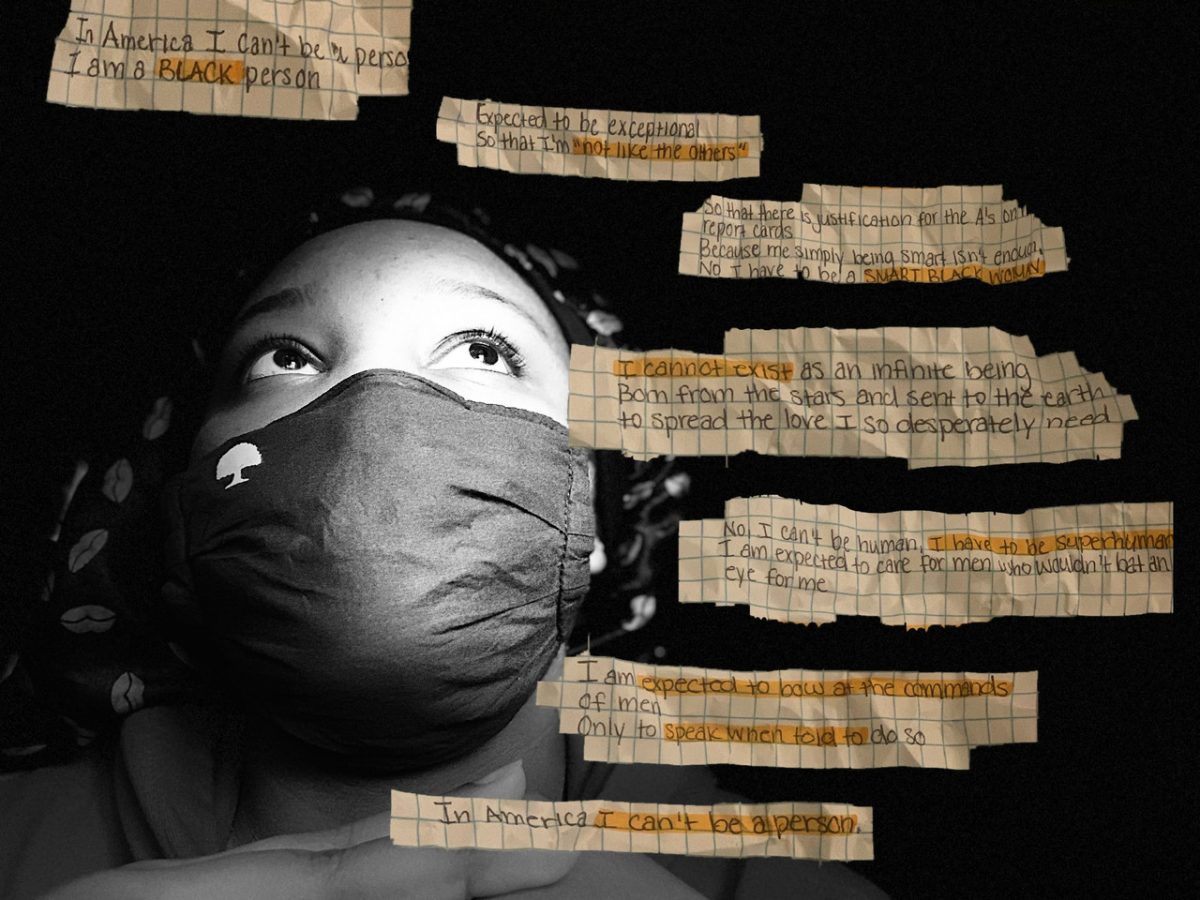 A photo of a woman in a mask surrounded by slips of paper with writing