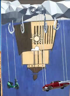 Painting of upside-down building with cars hanging in front