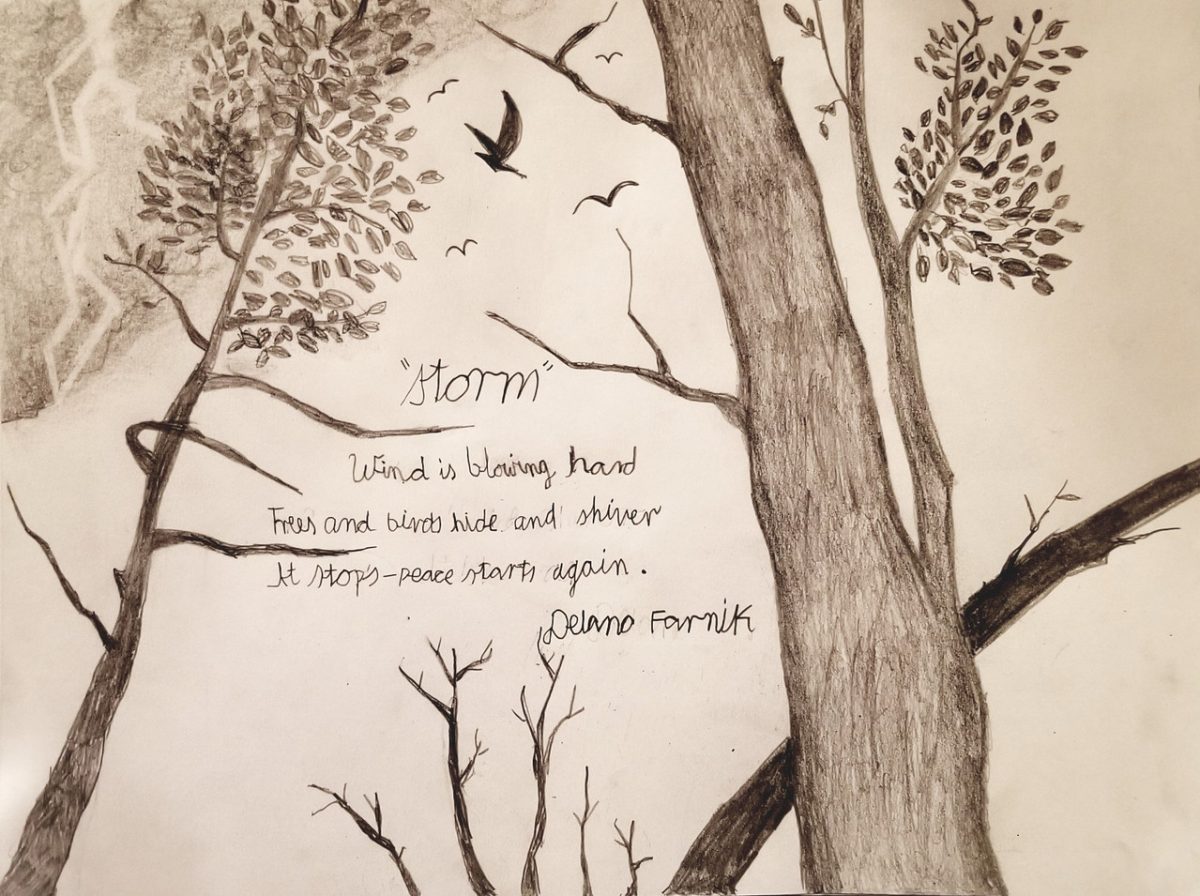 Drawings of trees with a haiku written on it