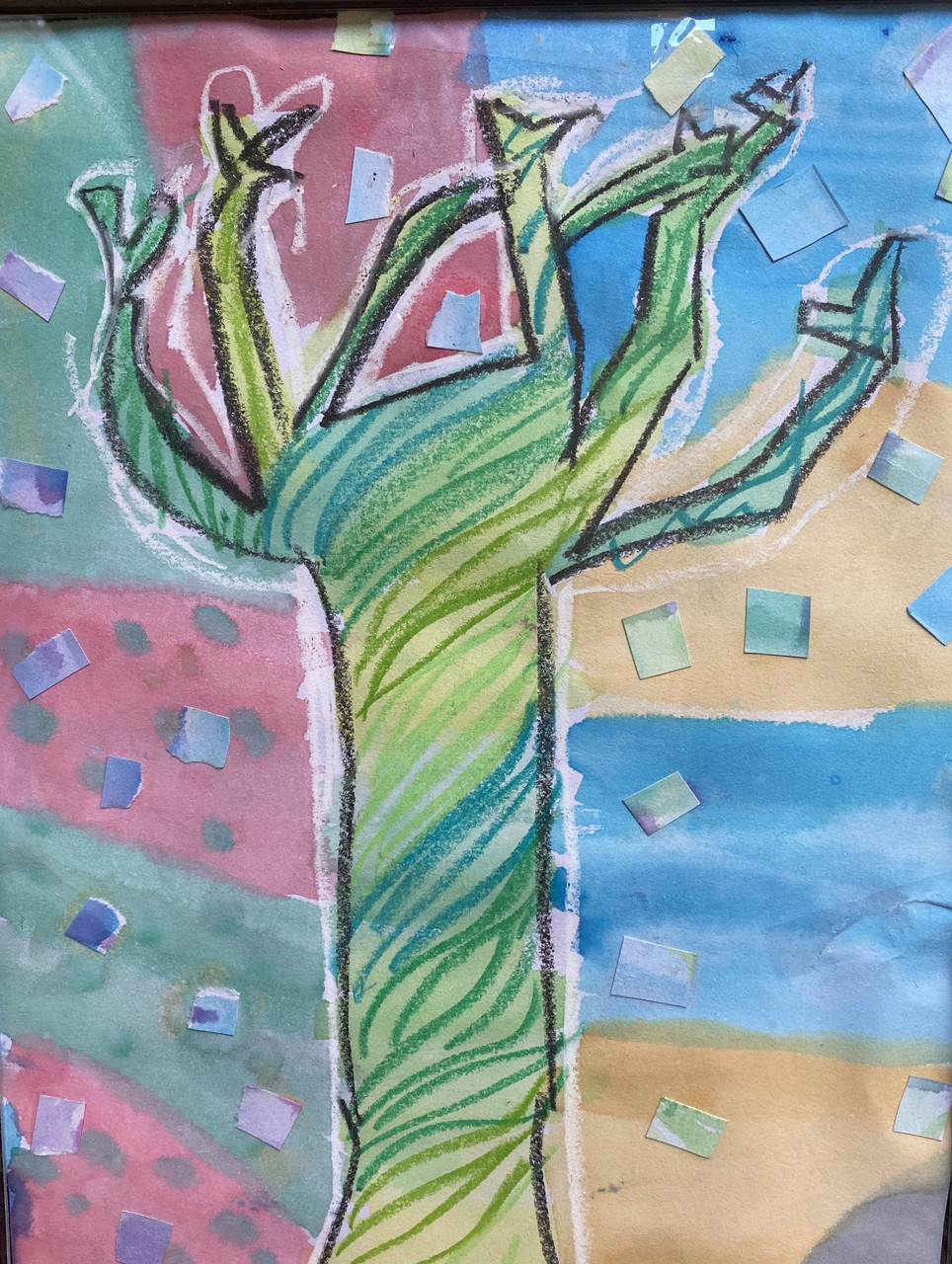 watercolor of a tree with no leaves on a background of blue, yellow, and pink stripes