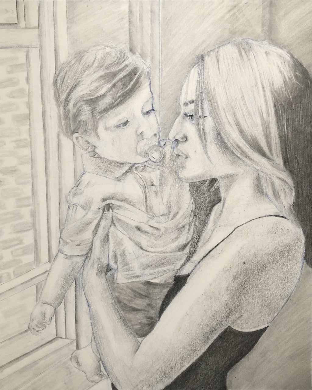 pencil drawing of woman with infant in front of window.