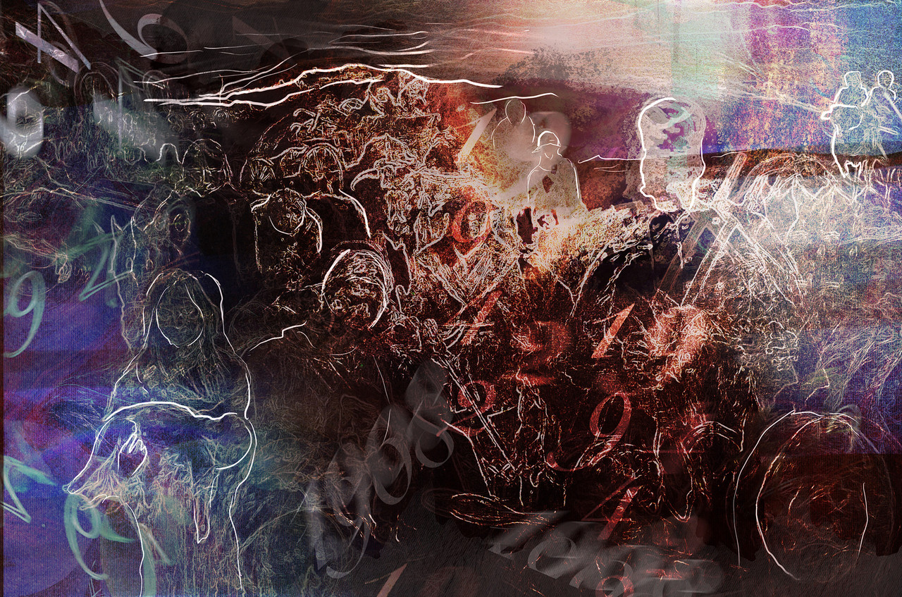 Abstract painting with purples and browns in the background, white images and writing on top