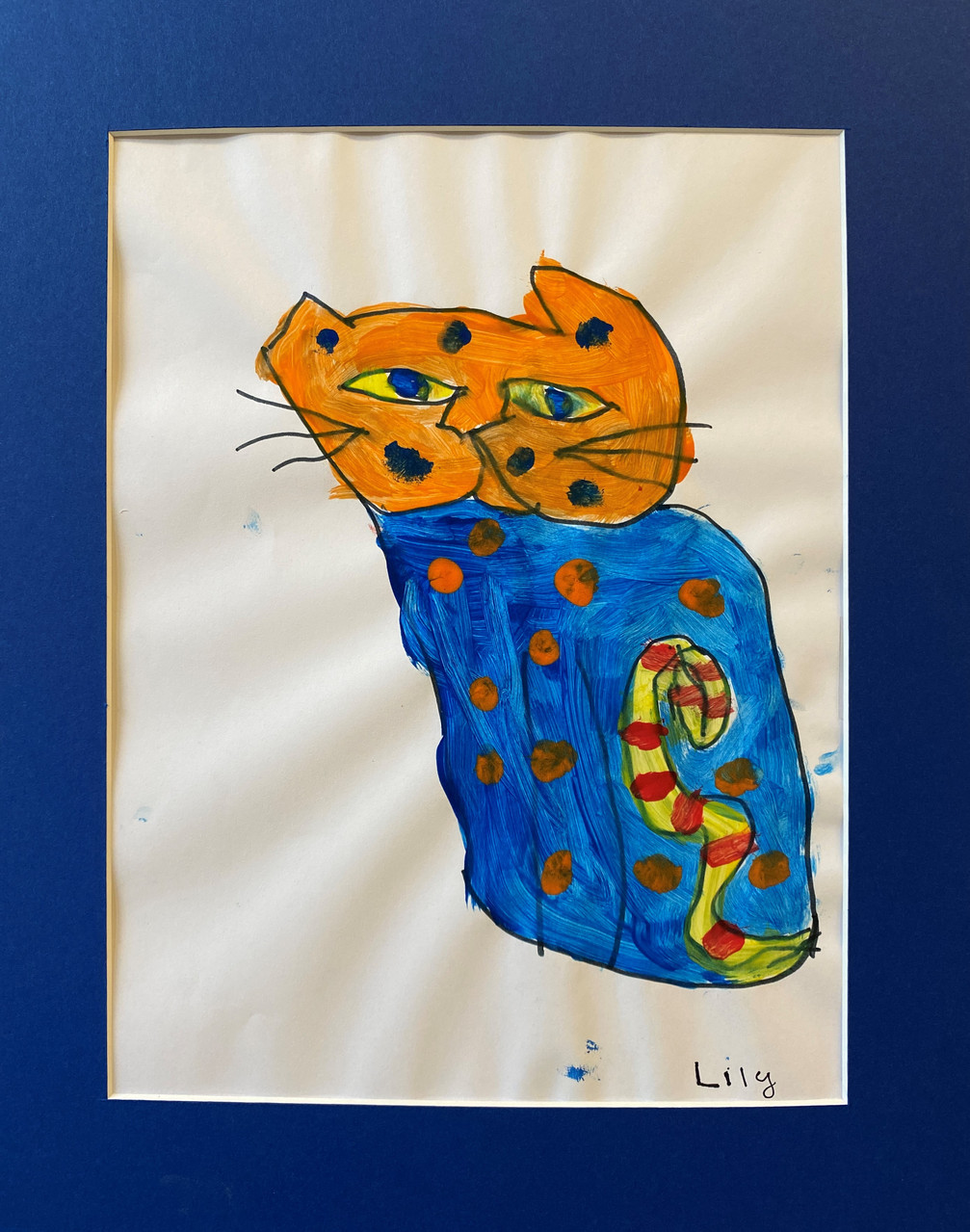 Painting of a cat with an orange face and blue body