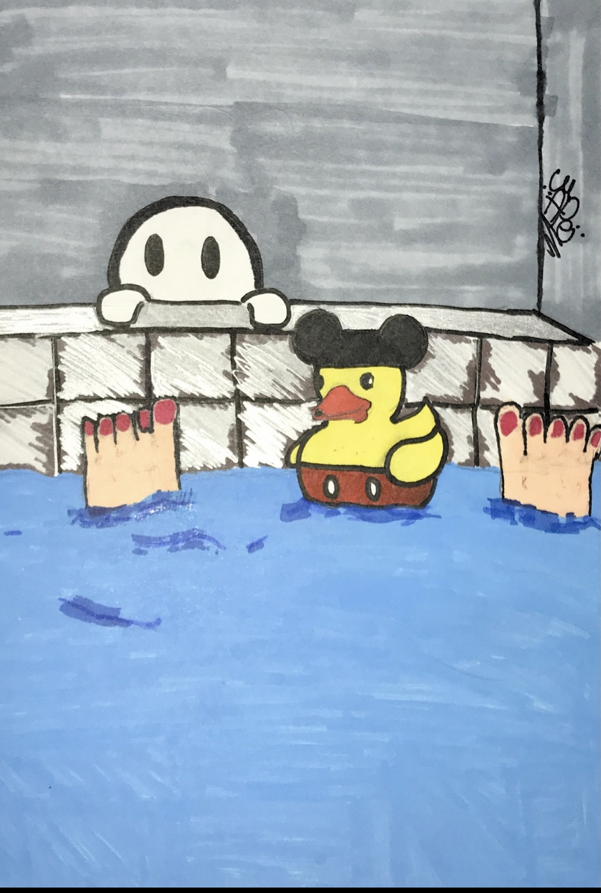 Drawing of feet and rubber duck in a tub