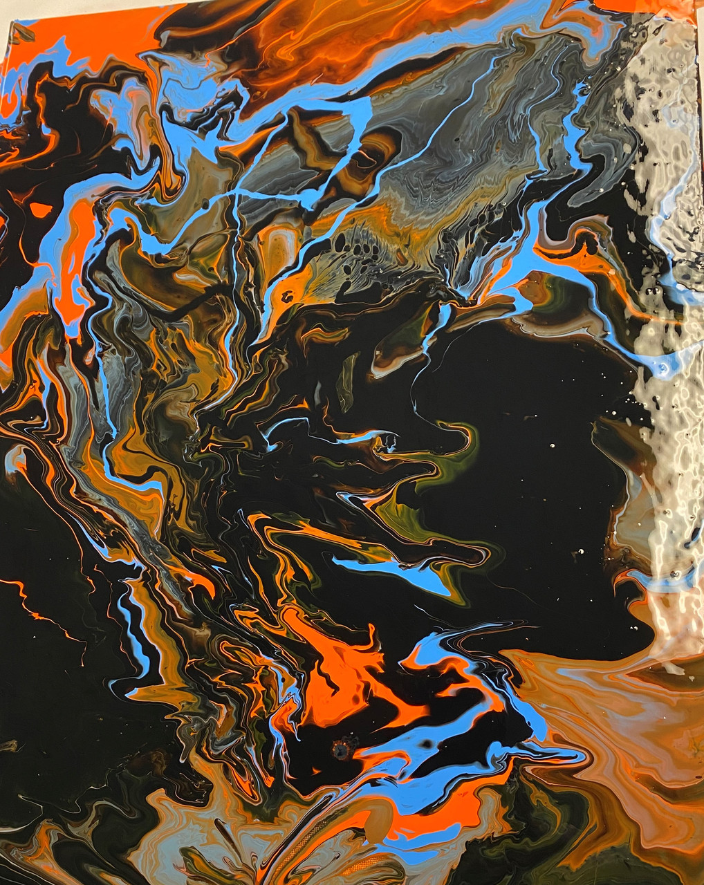 An abstract flow painting with black blue and orange