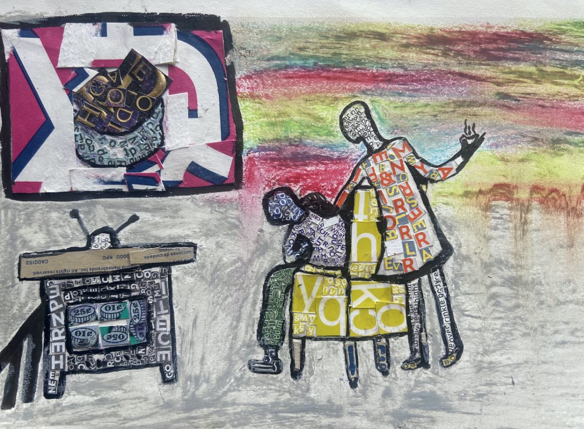 Collage with cutout words making two people and a tv.