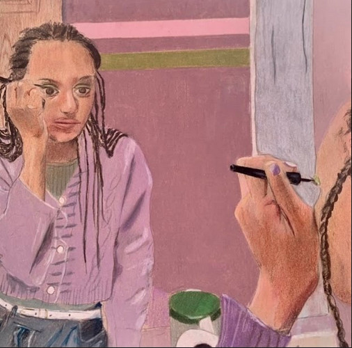 A drawing of a girl doing her makeup and her reflection in the mirror