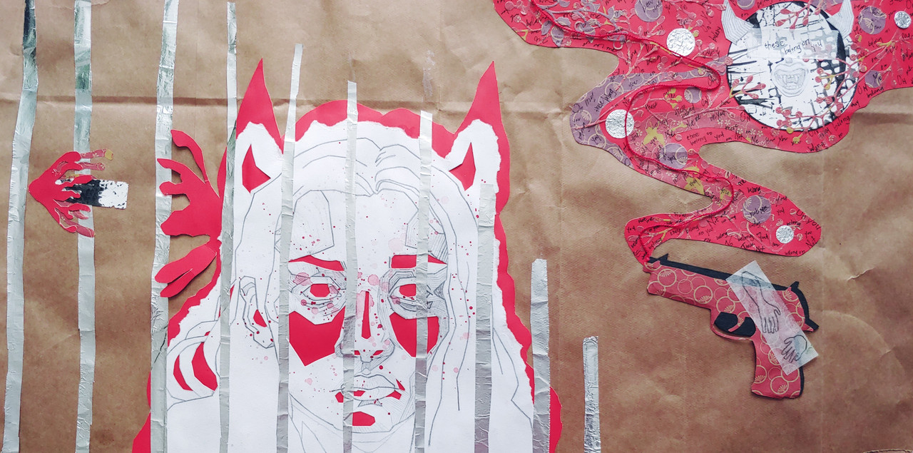 A collage of a girls face in white with red details