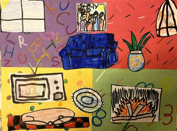 Four panels with bright colors and household furniture