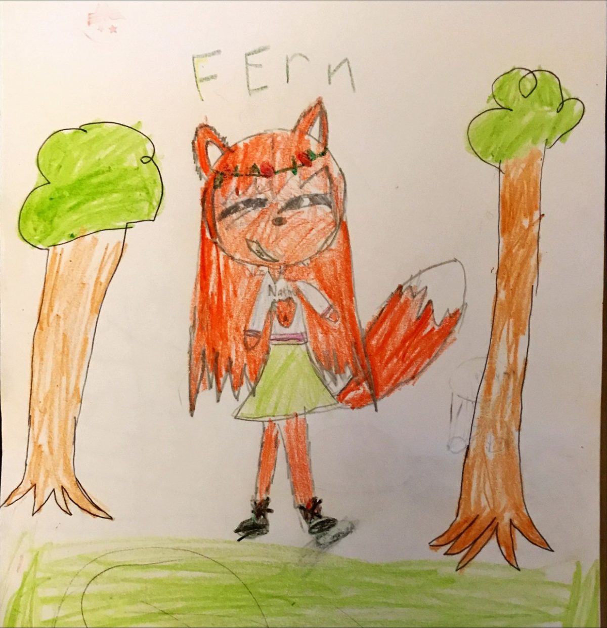 Fox girl with a tail in between two trees
