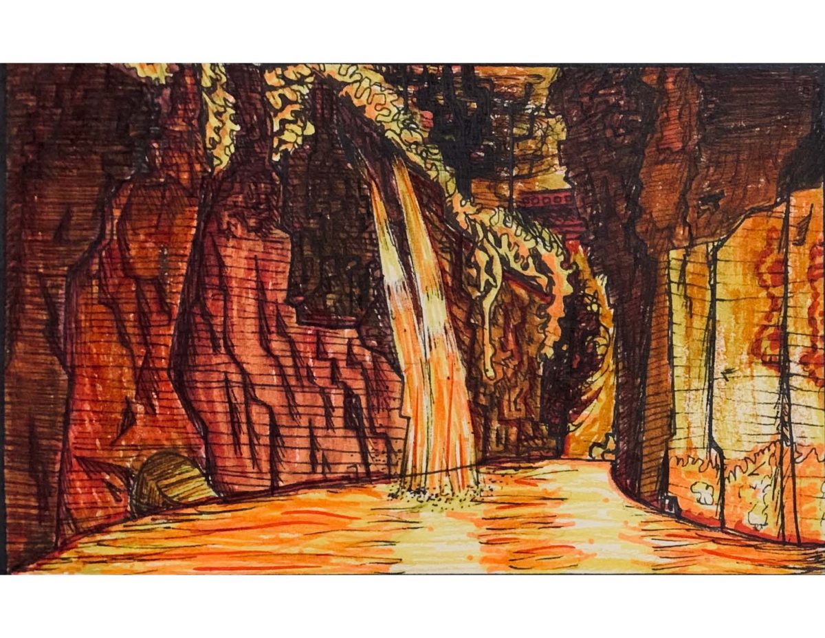 A warm drawing of a waterfall coming off a cliff with oranges and reds