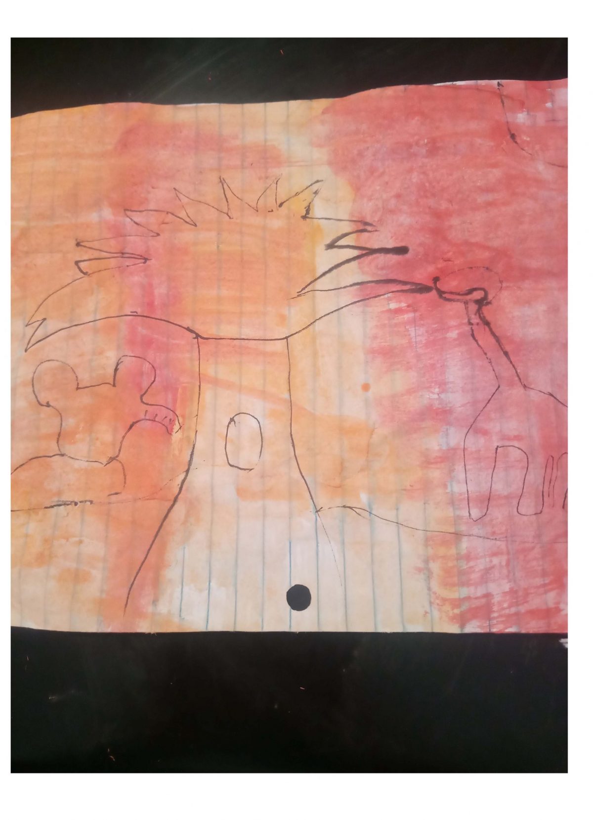Watercolor of reds and oranges with landscape drawn on top