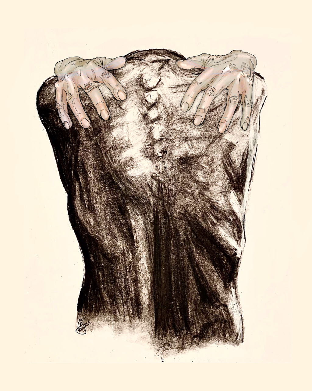 Drawing of a bare back with two hands on the shoulder.