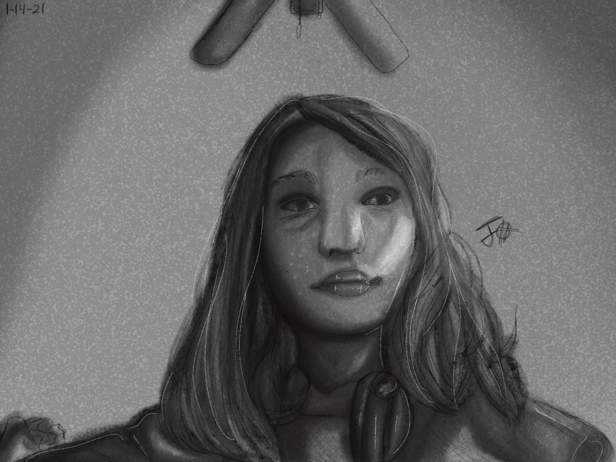 Digital drawin gof a girl with a ceiling fan above her