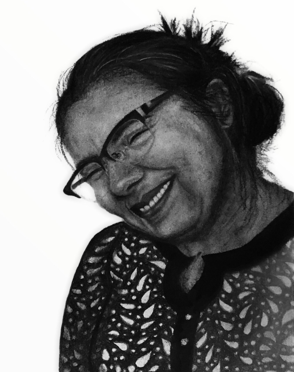 Black and white illustration of a smiling woman