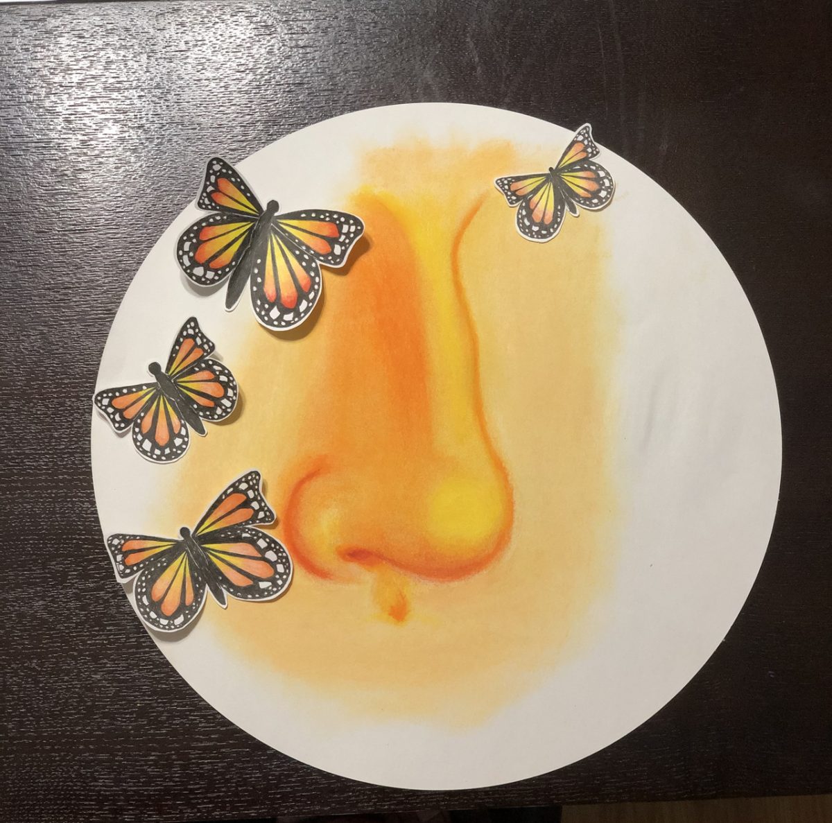 Drawing of a nose with butterflies all around
