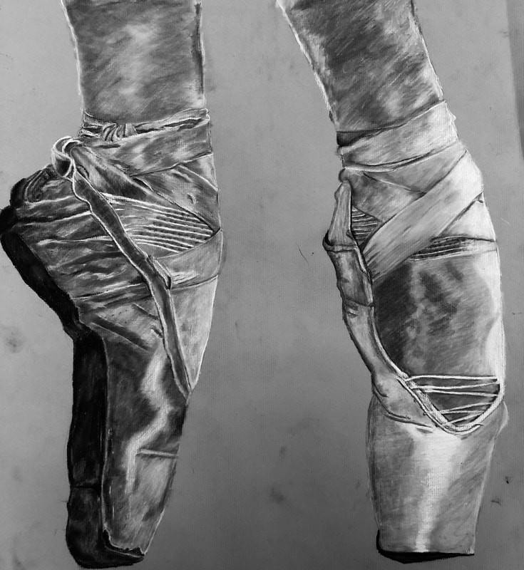 A black and white drawing of ballerina feet on point