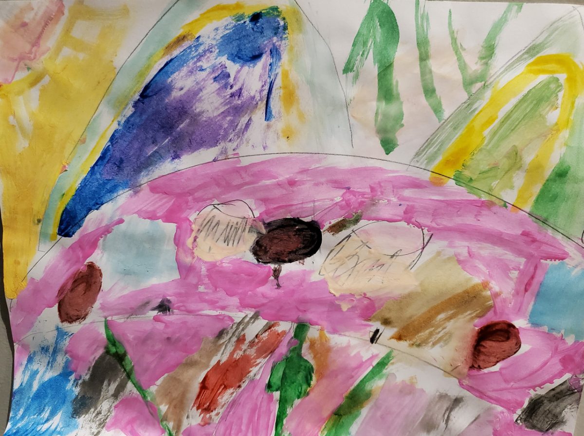 Abstract painting of a bird and flowers