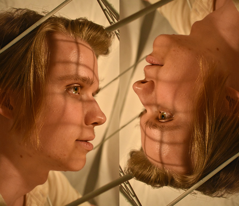 Photograph of two faces, each reversed 180 degrees