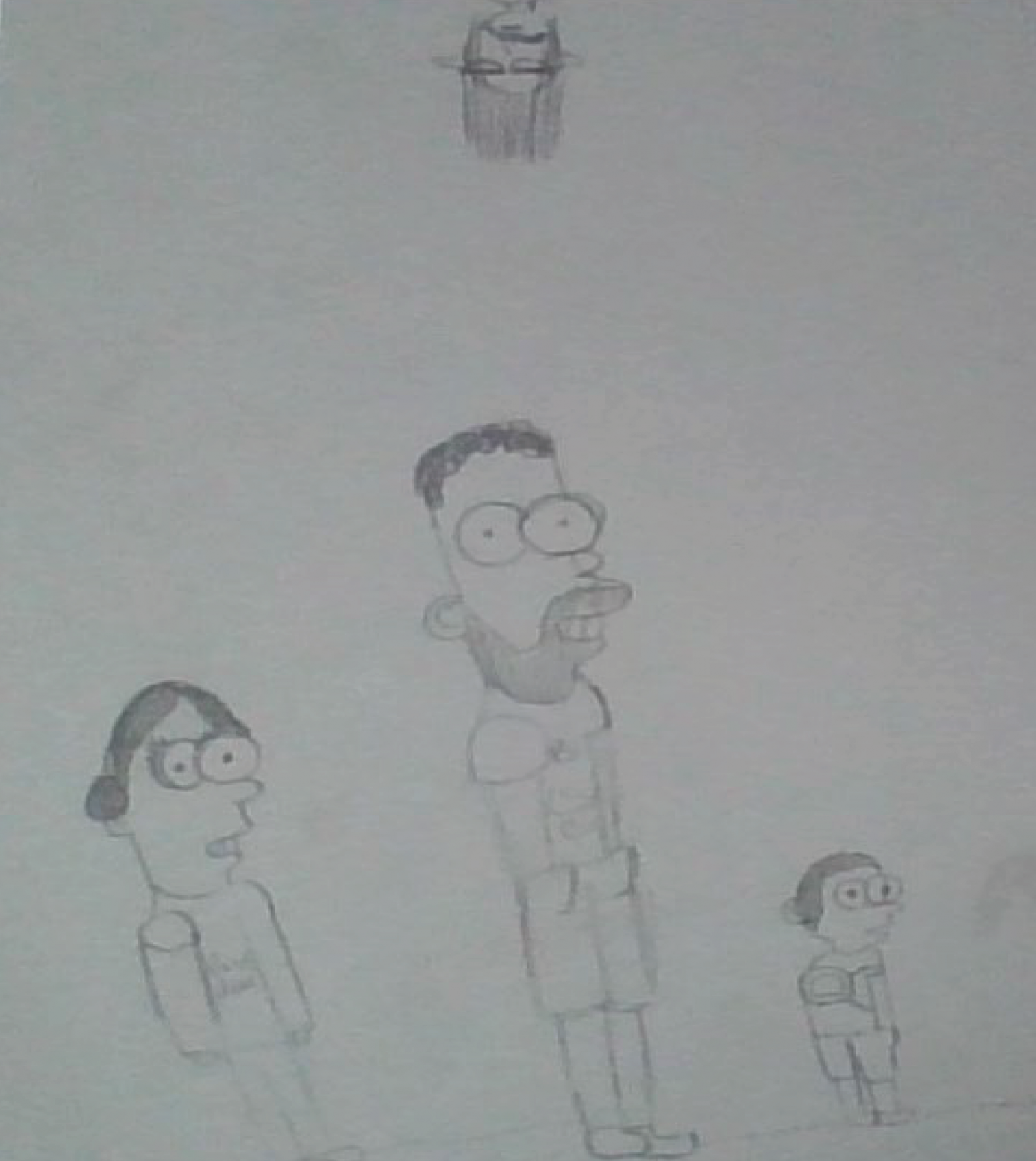 Black and white pencil sketch of a family that looks like the Simpsons