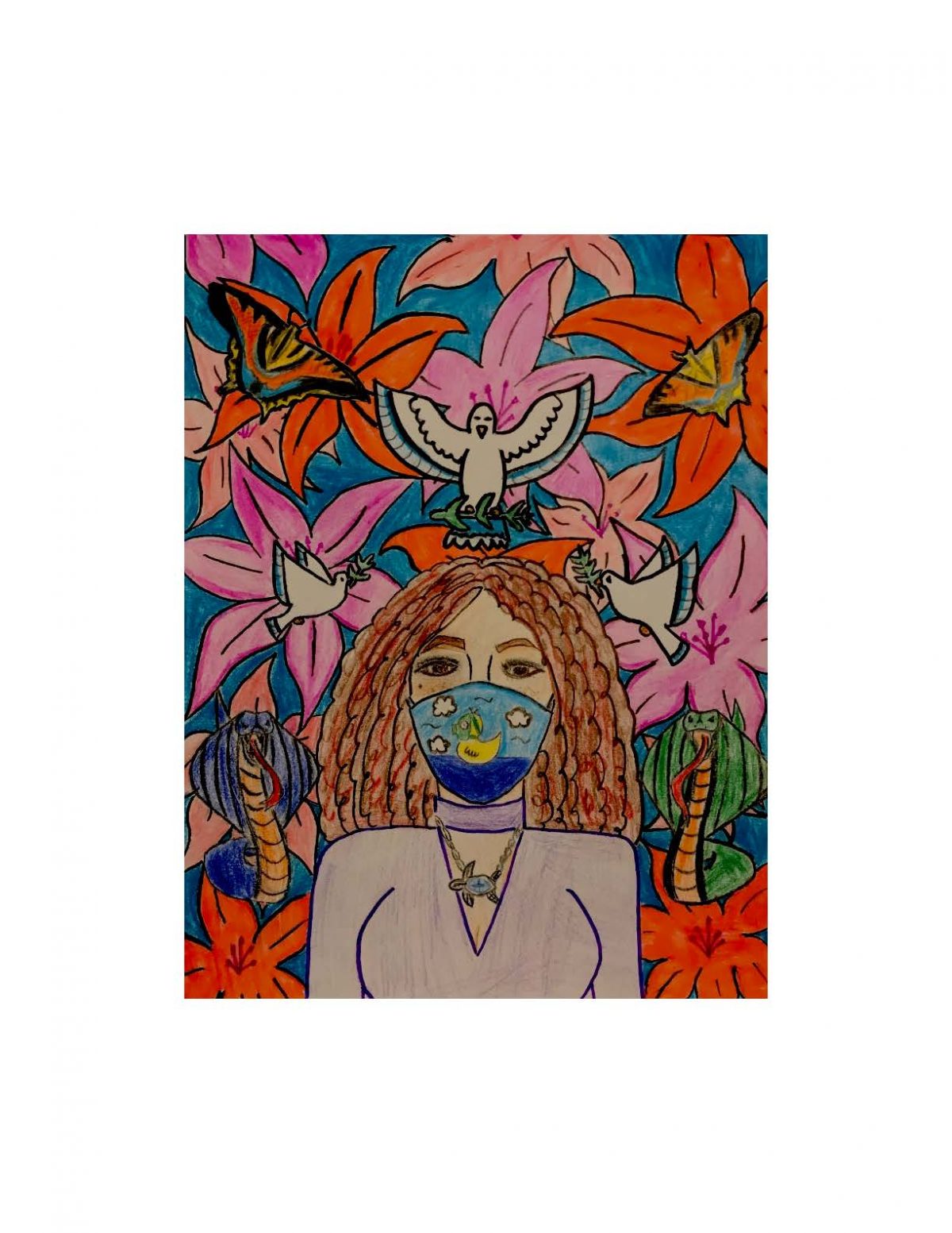 A drawing of a girl with a mask on and lots of colorful flowers behind her