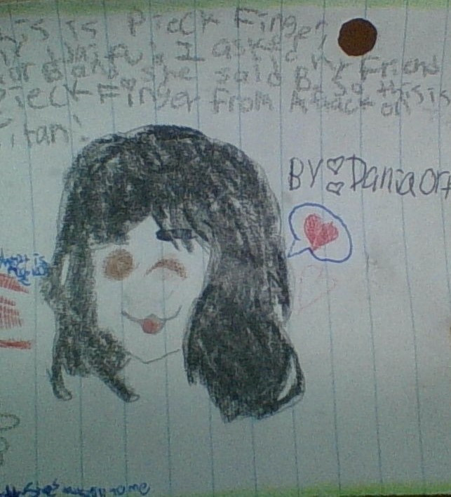 Drawing of a girl with black hair with a heart next to her