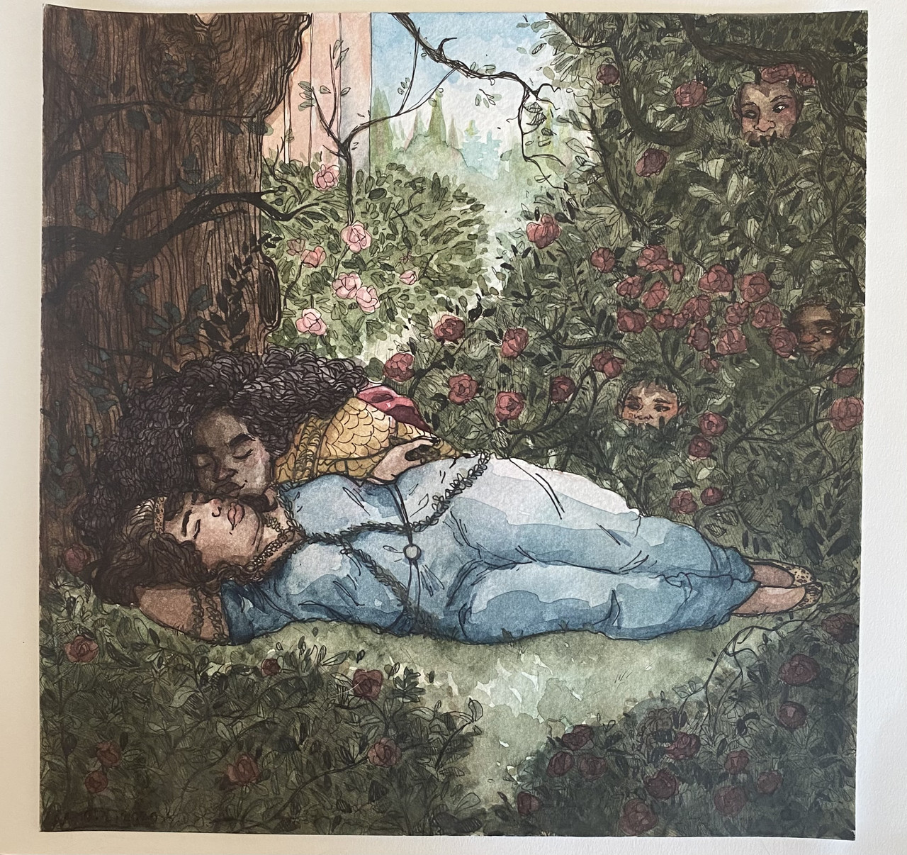 A painting of two girls laying together among bushes and plants
