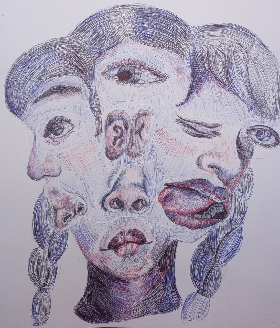 Self-portrait with lots of eyes, noses, and mouths