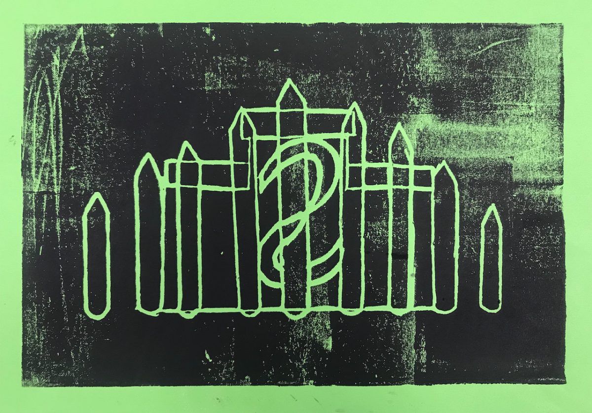 Black print on a green background.