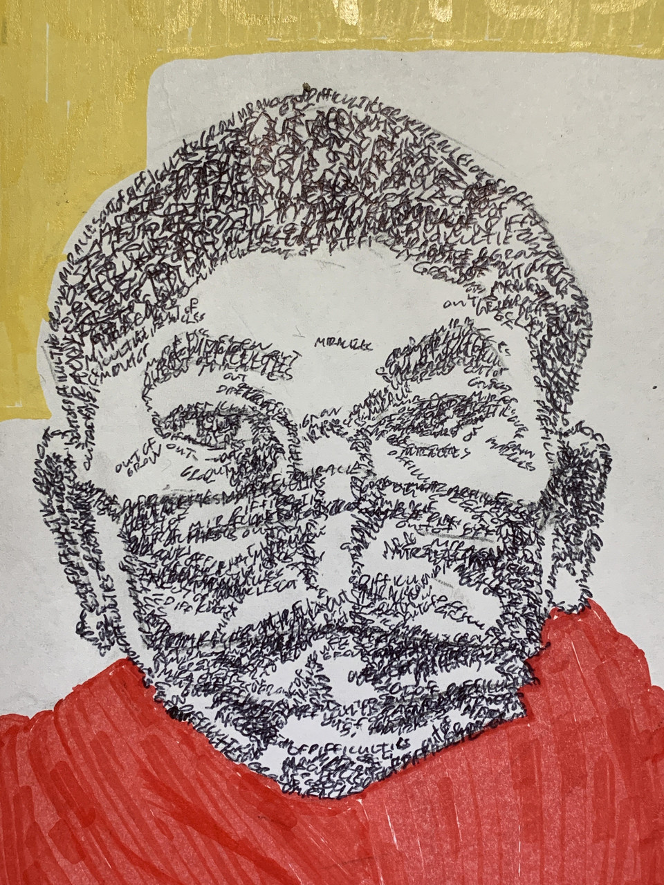 Ink drawing of a boy's face wearing a mask - words for value