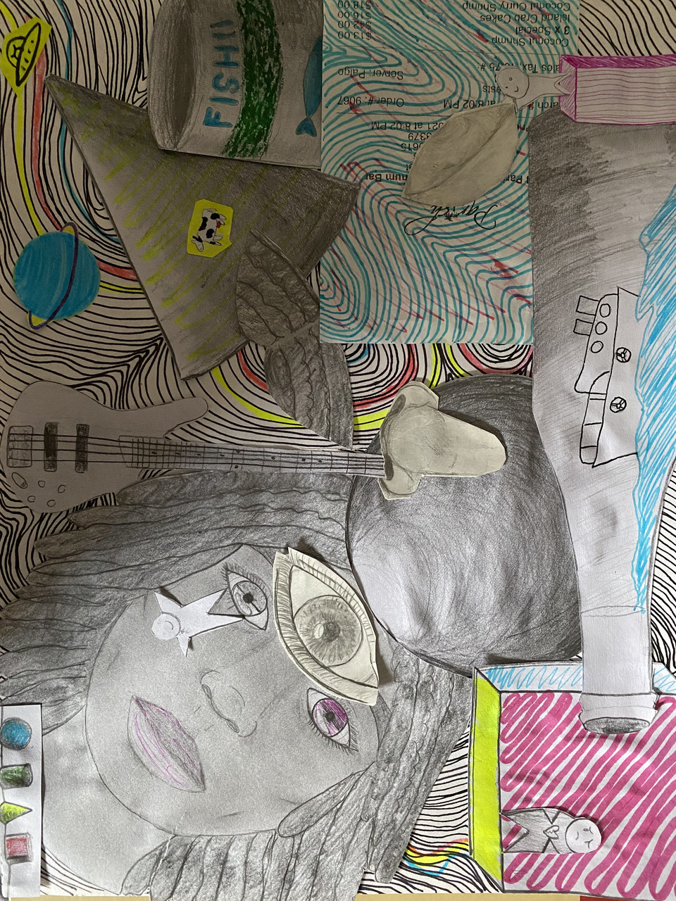 Mized media drawing of facial features with squiggly lines. Large face on the bottom left with three eyes