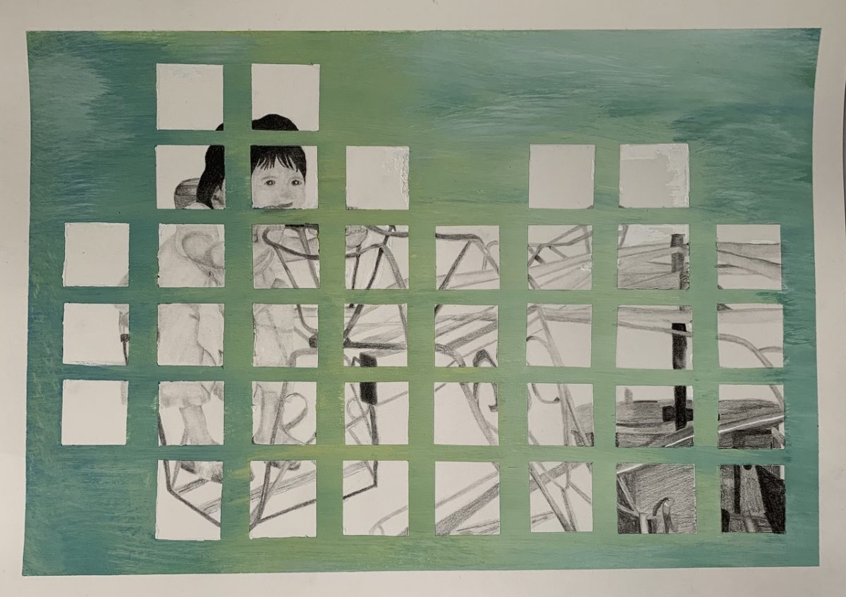 green background with squares glued on top, drawing of a girl inside the squares