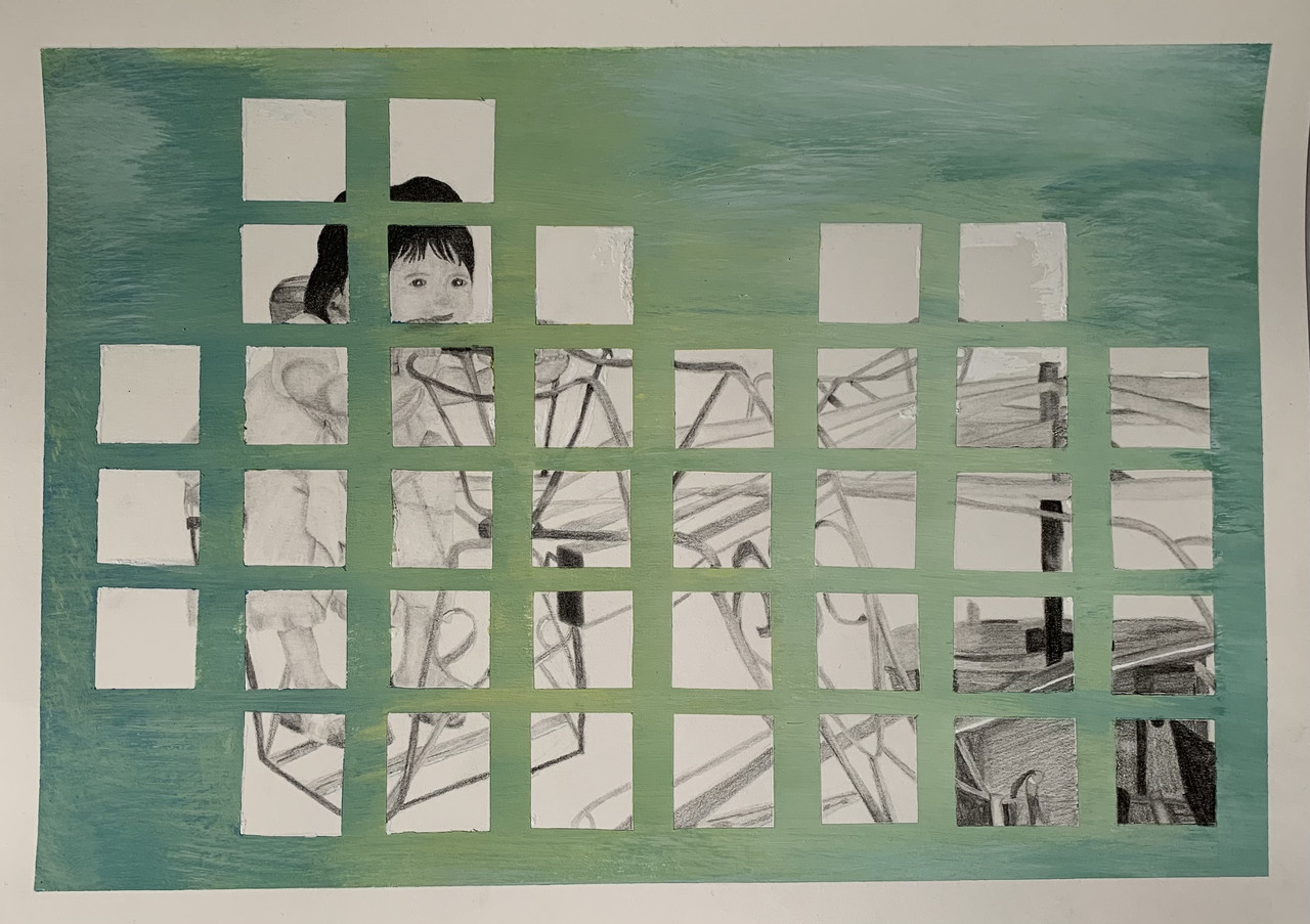 green background with squares glued on top, drawing of a girl inside the squares