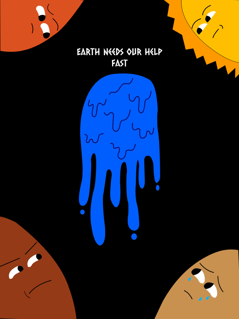 A poster design of a blue melting earth in the center of 4 other planets looking sad