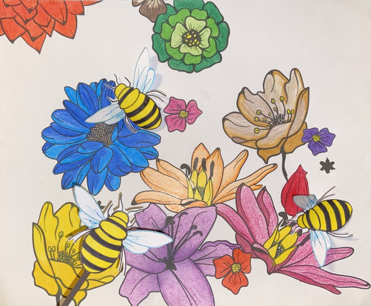 Drawing of flowers and bees