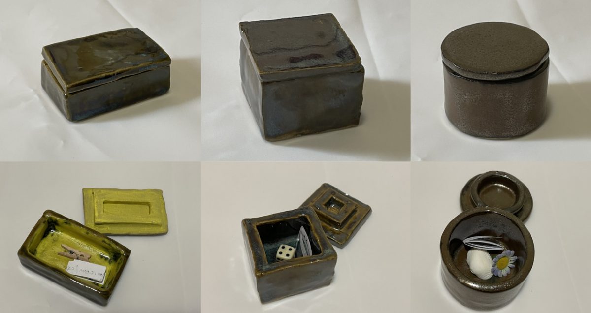 Three brown ceramic containers