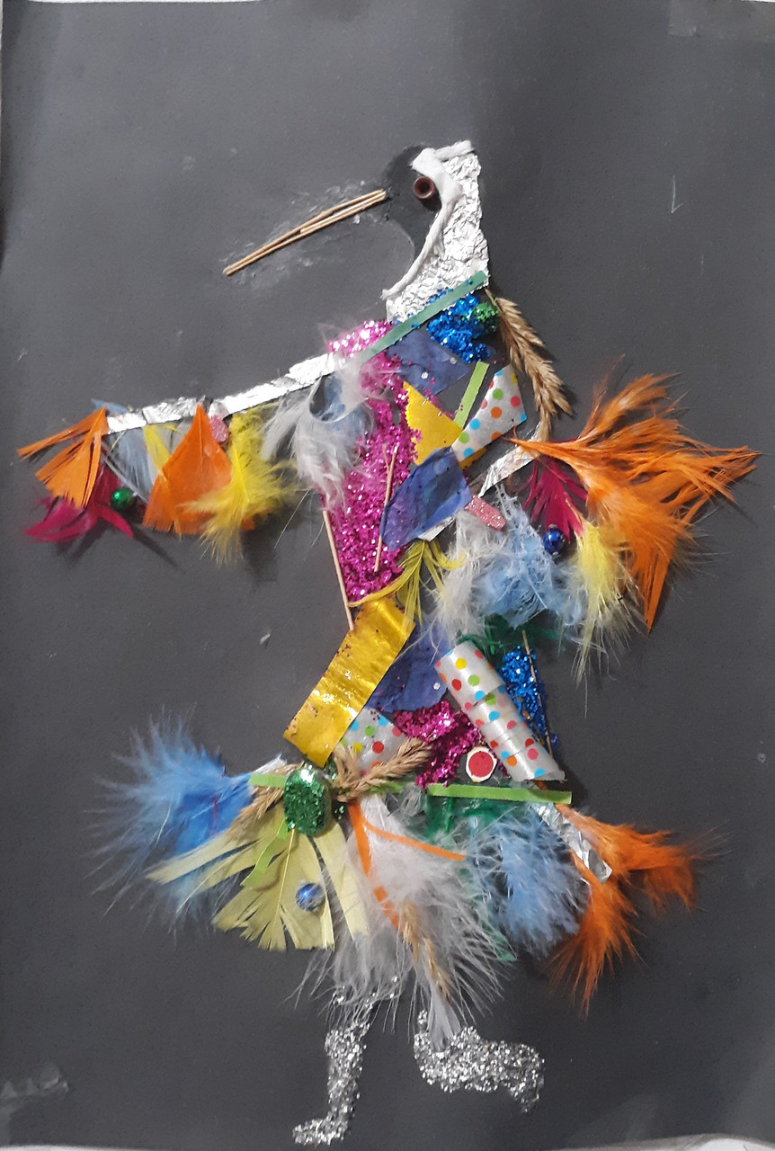 A mixed media artwork of a bird person covered in colorful feathers
