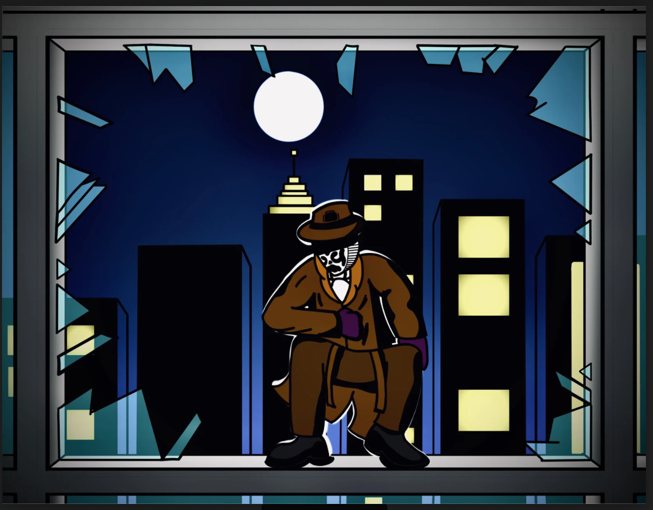 Man standing in front of a broken window